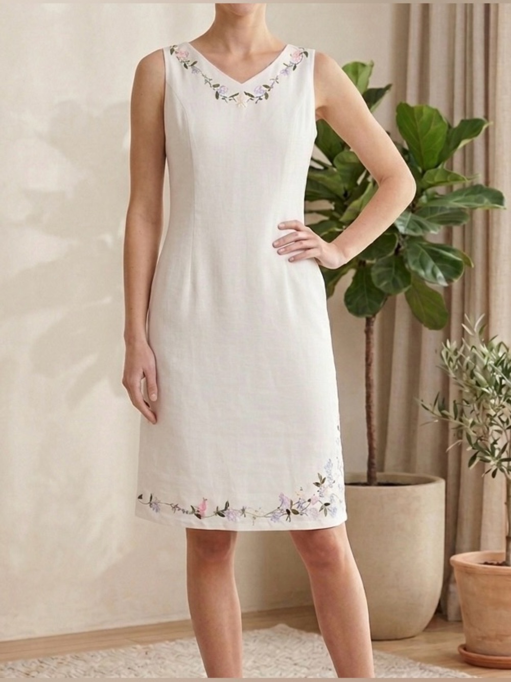 Vintage Jennifer Eden Floral Embroidered Sleeveless Sheath Dress White Size 6